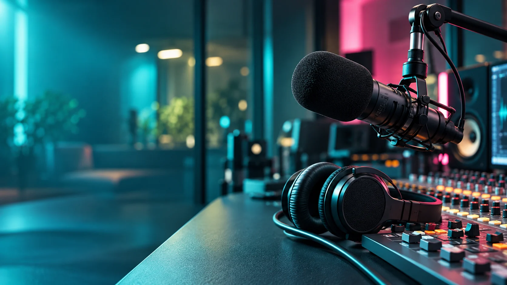 Symbolisches Radiostudio mit Mikrofon und Kopfhörer